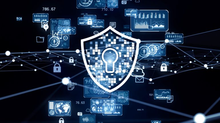 Imagem ilustrativa vpn vs zero trust que possui um escudo à frente e ícones de cibersegurança no fundo, formando uma rede de conexões.