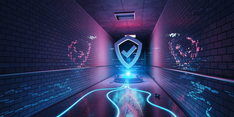 Holograma de segurança cibernética subterrânea azul e rosa com renderização 3D de escudo digital