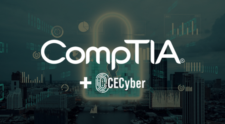 Imagem com título CECyber + CompTIA com elementos de informática e segurança de dados ao fundo.