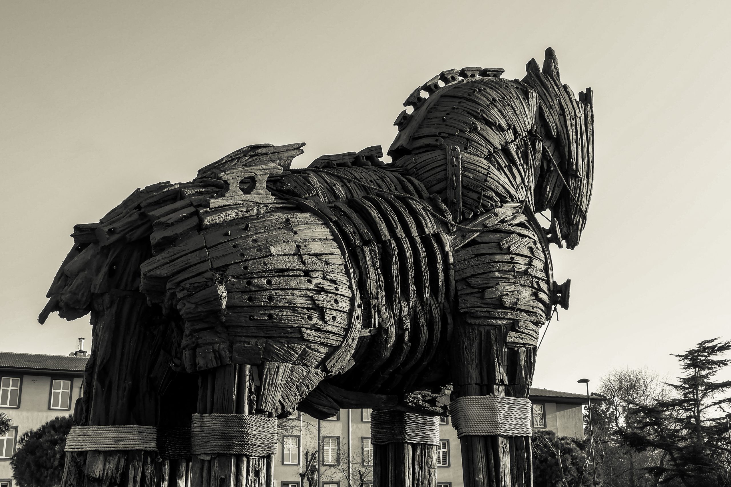 Imagem com a representação de um cavalo com armaduras feito de madeira.