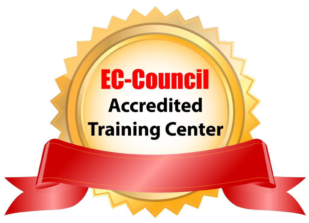 Logo da empresa EC-Council, um selo amarelo, com uma faixa vermelha à frente