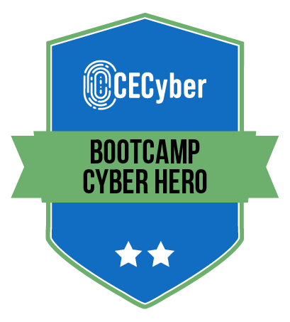 Logotipo do Bootcamp Cyber Hero em formato de escudo, com predominância da cor azul turquesa, o logo da CECyber no topo, uma faixa branca com o nome do curso no centro e duas estrelas na parte inferior.