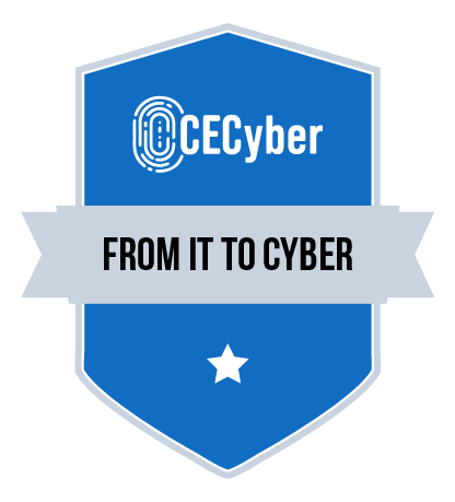 Logotipo do curso From IT to Cyber em formato de escudo, com predominância da cor azul turquesa, o logo da CECyber no topo, uma faixa branca com o nome do curso no centro e uma estrela na parte inferior.