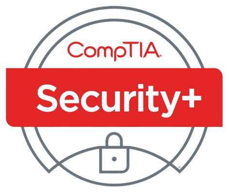 Logo do curso CompTIA Security+, em formato de círculo predominância da cor vermelha com a logo da CompTIA na parte superior, no meio uma faixa com o nome do curso e um cadeado abaixo.