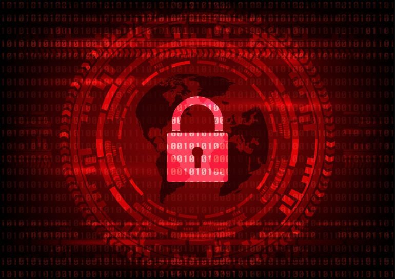 Imagem ilustrativa de cibersegurança, um cadeado em alvo, no tom de vermelho.