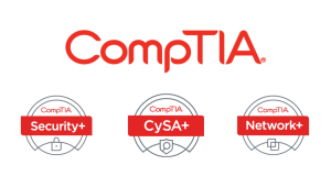 Imagem com a logo CompTIA, e os logos das certificações Security+, Cysa+ e Network+ abaixo.