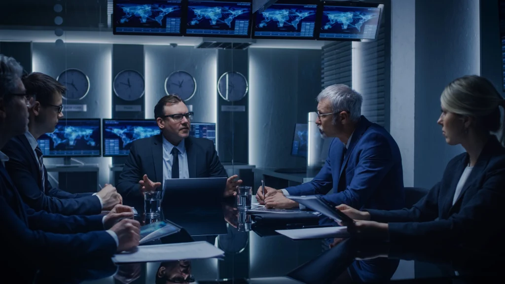Executivos da empresas têm uma reunião fechada com os funcionários do governo na sala de negociações. Negócio sério pessoas resolvendo problemas. - Imagem em Alta Resolução