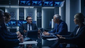 Executivos da empresas têm uma reunião fechada com os funcionários do governo na sala de negociações. Negócio sério pessoas resolvendo problemas. - Imagem em Alta Resolução